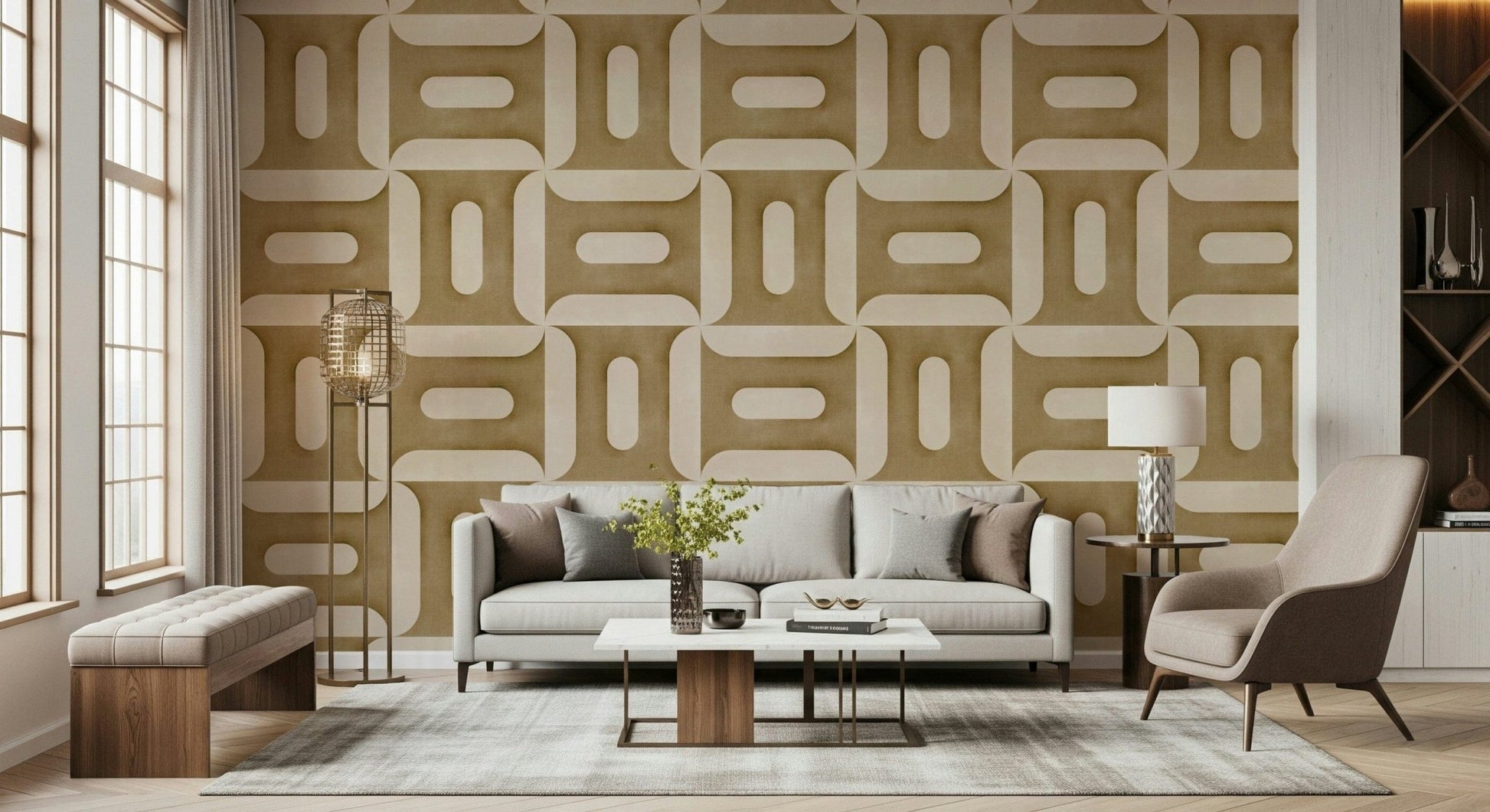 Modern Textured Geometries Camel wallpaper in a living room with a cream sofa, floor lamp and marble table