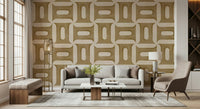 Modern Textured Geometries Camel wallpaper in a living room with a cream sofa, floor lamp and marble table