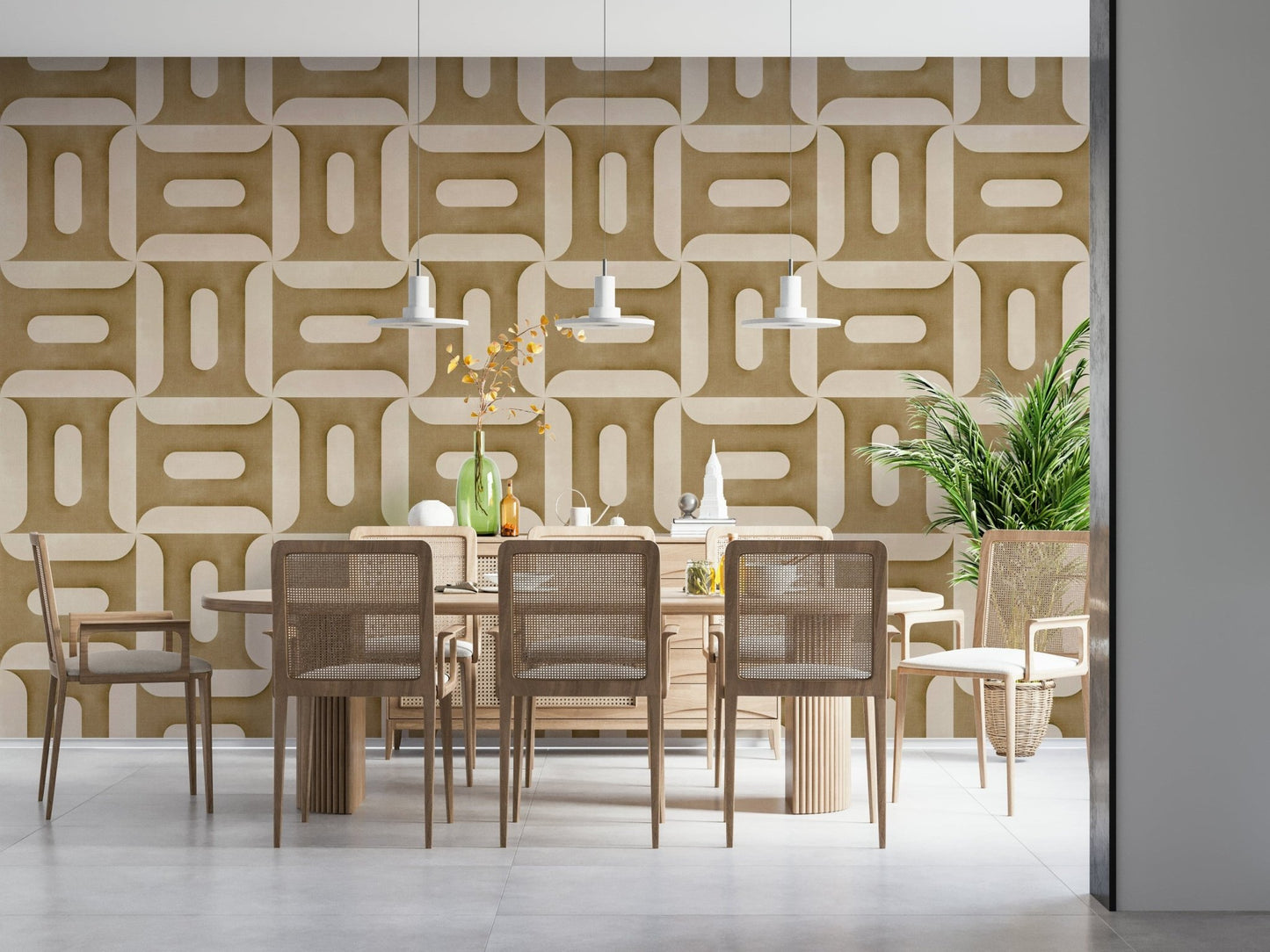 Modern Textured Geometries Camel wallpaper in a dining room with rattan cane chairs and pendant lights