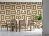 Modern Textured Geometries Camel wallpaper in a dining room with rattan cane chairs and pendant lights