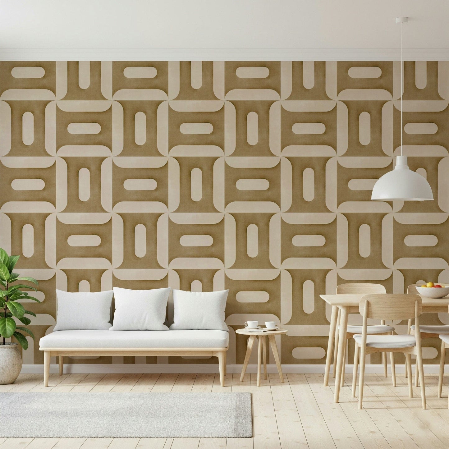 Modern Textured Geometries Camel wallpaper above a white bench beside a light wood dining set