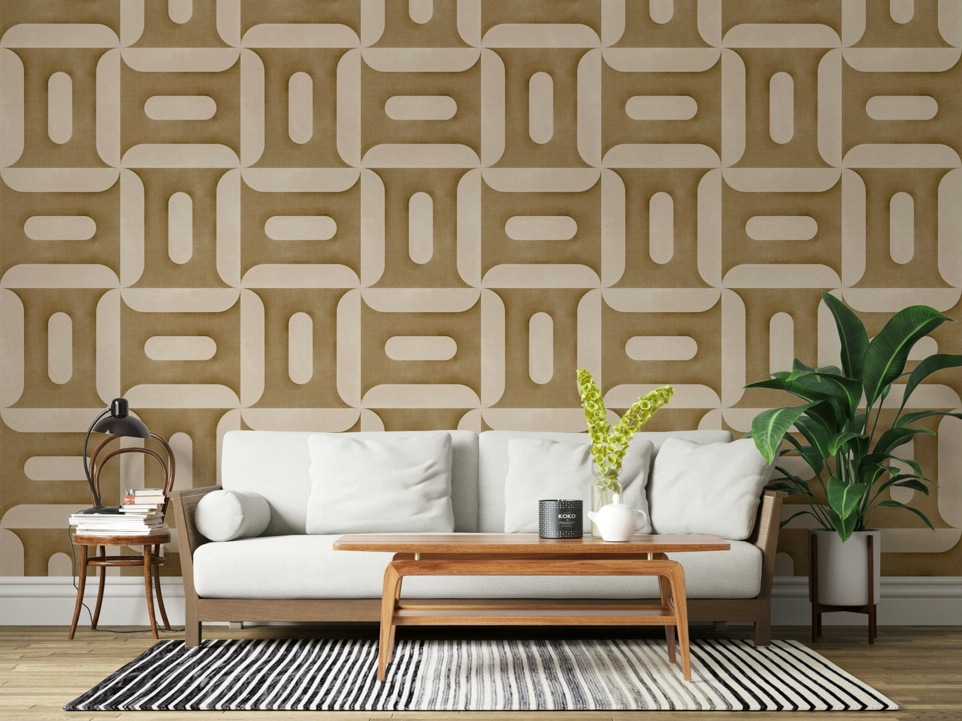 Modern Textured Geometries Camel wallpaper behind a white sofa with a wood table and leafy plant