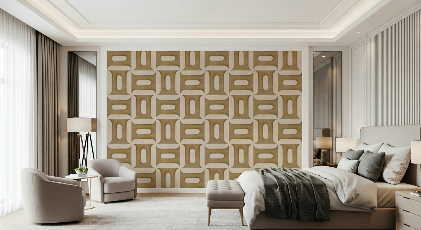 Modern Textured Geometries Camel wallpaper behind an upholstered bed and two cream armchairs in a bedroom