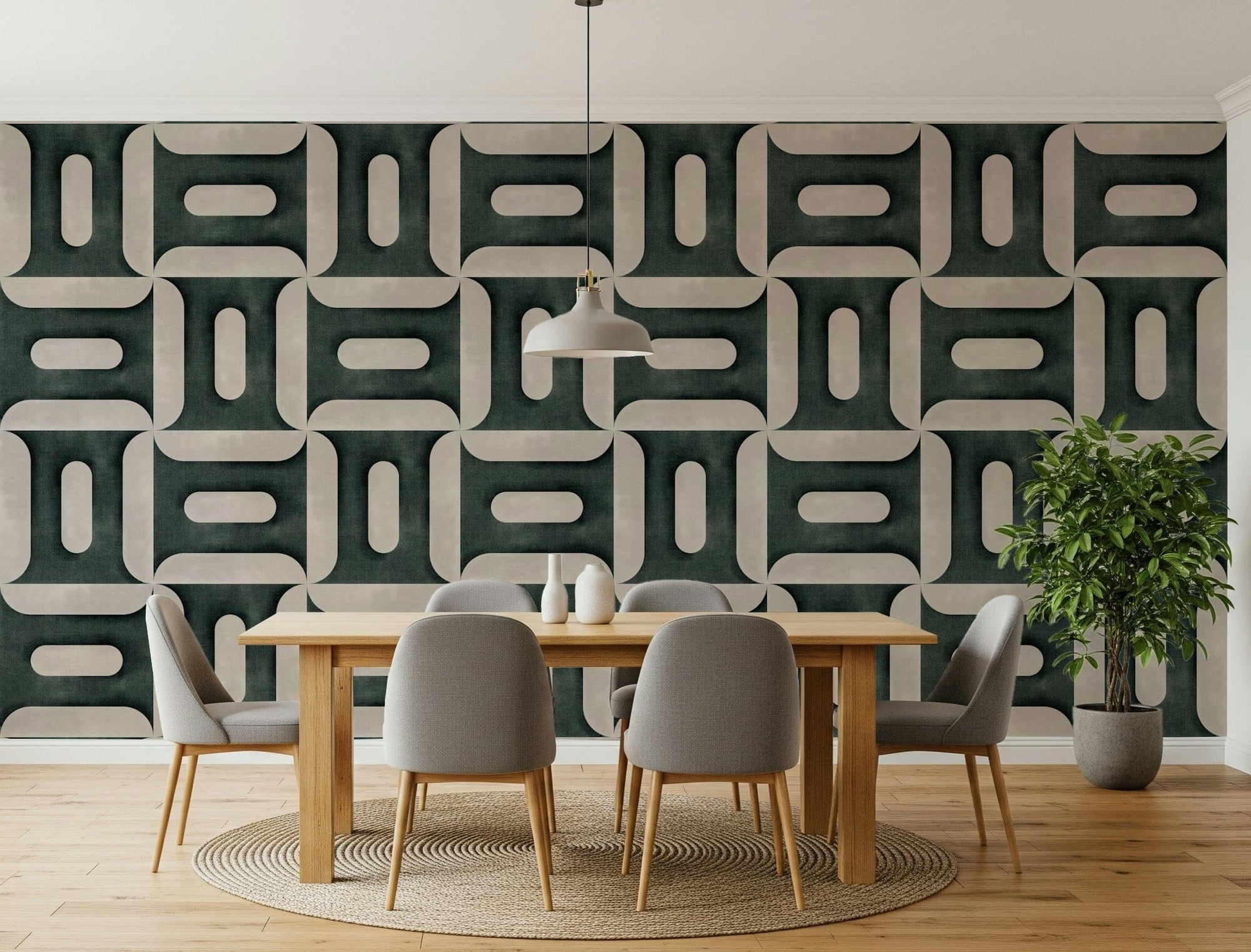 Modern Textured Geometries Vintage Denim wallpaper in a dining room with grey chairs and a potted tree