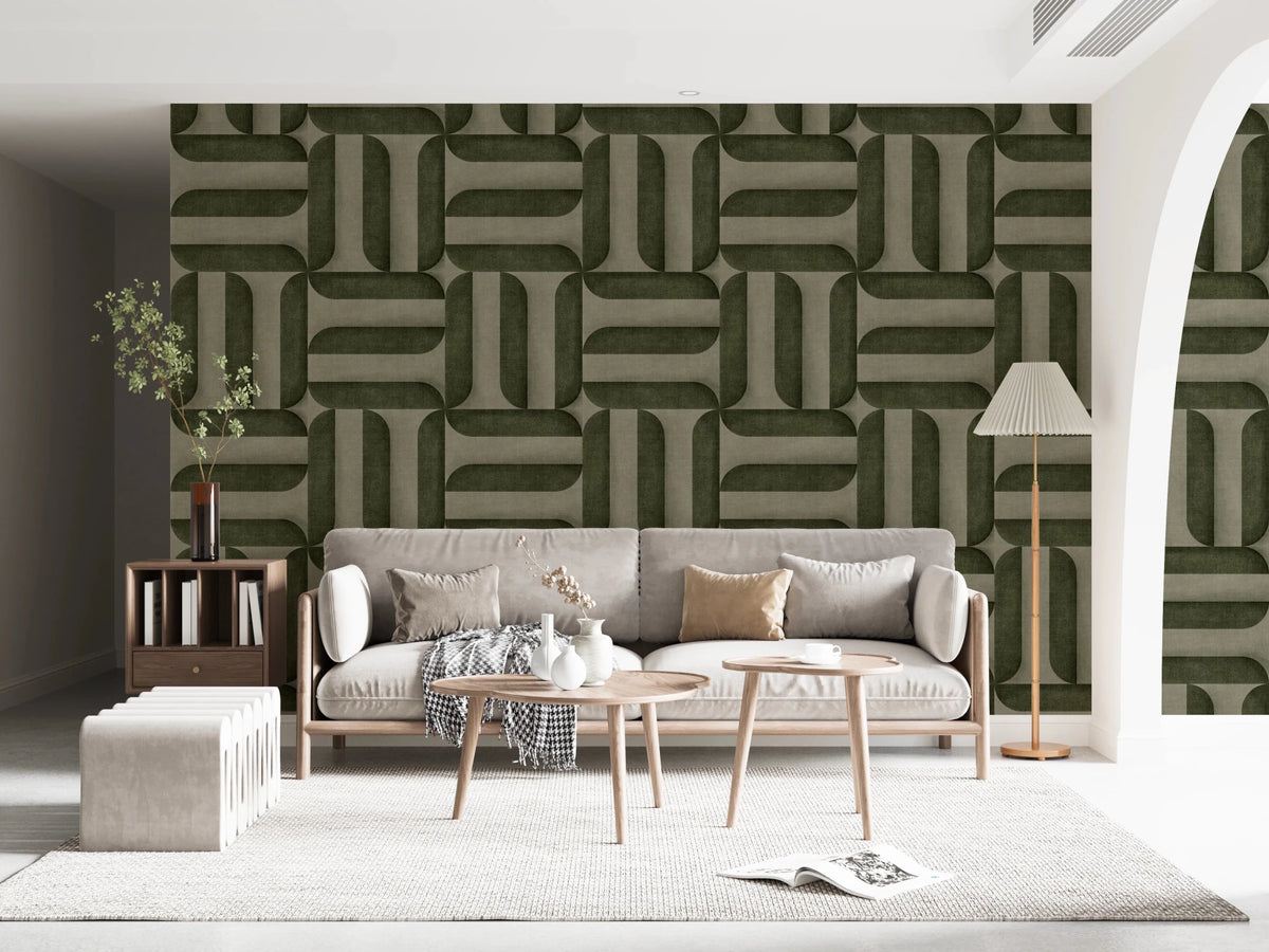 Modern Textured Signs Olive wallpaper in green woven geometric pattern behind a grey sofa and floor lamp in a living room