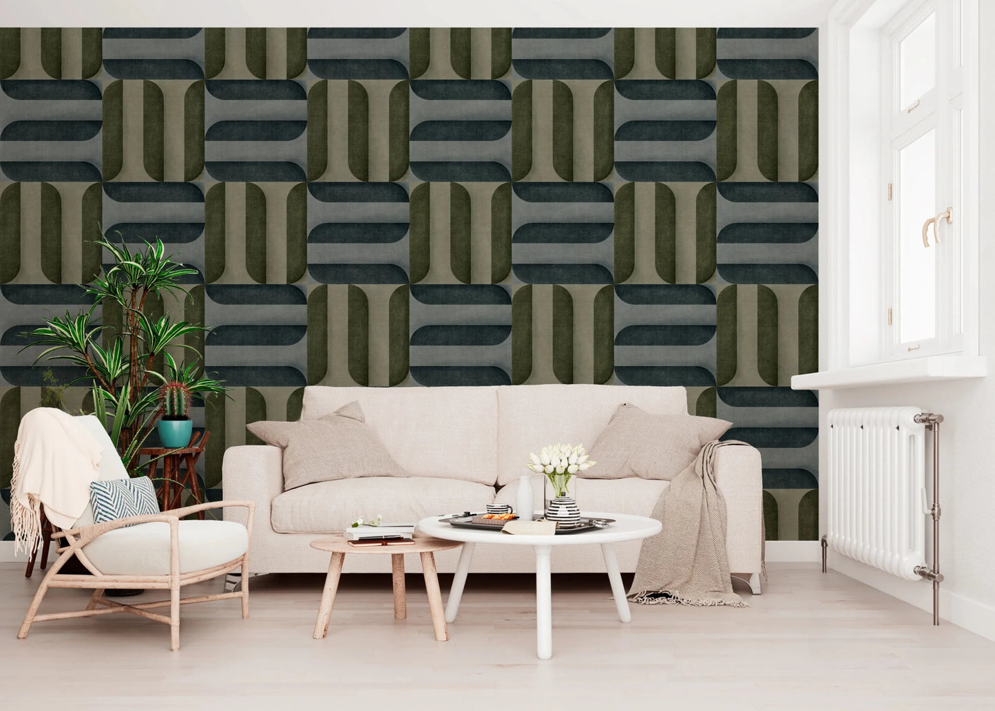 Modern Textured Signs Winter wallpaper in green and charcoal shapes behind a cream sofa and cane armchair in a living room