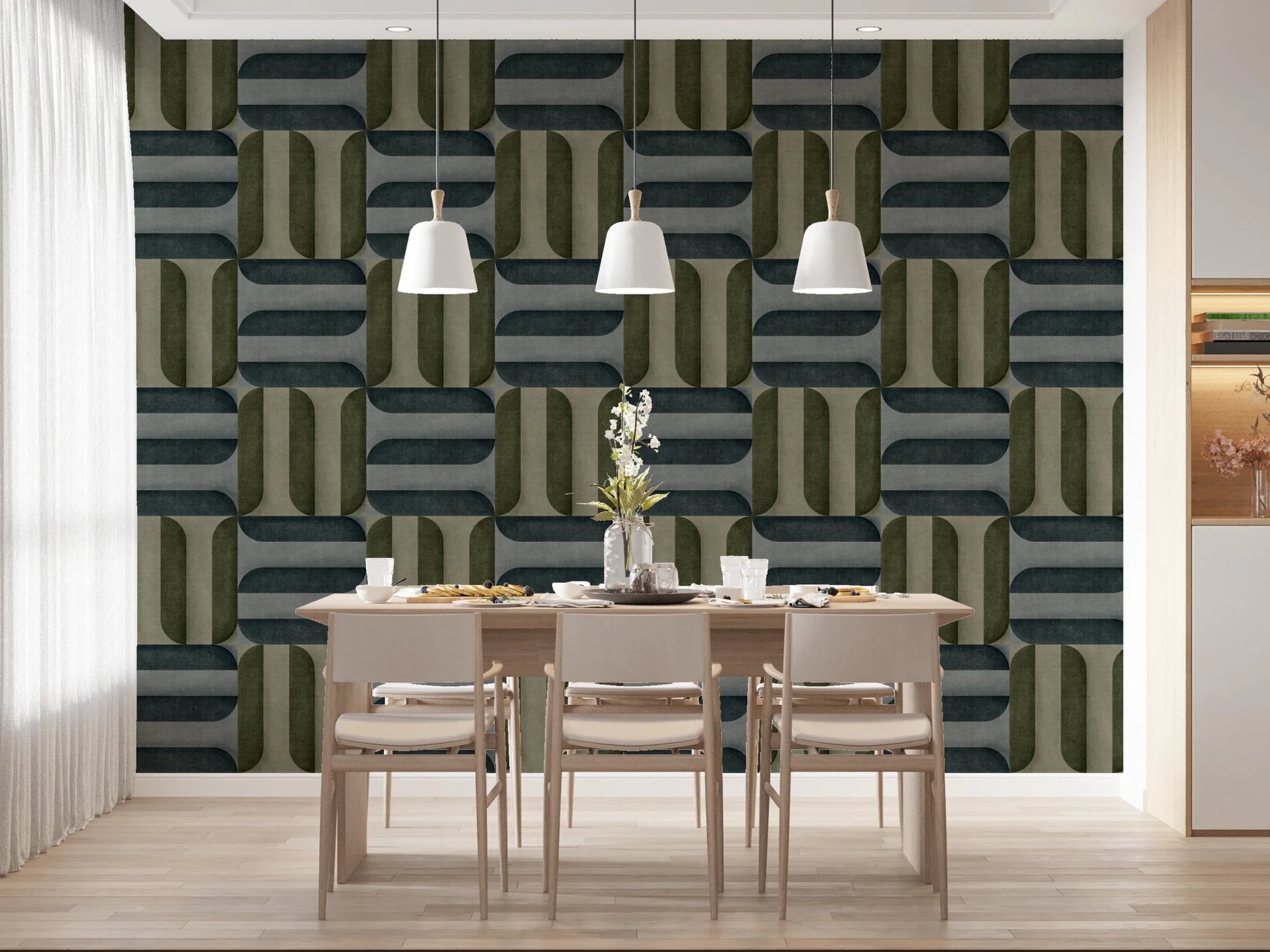 Modern Textured Signs Winter wallpaper in olive and grey geometric pattern behind a wood dining table and white pendant lights