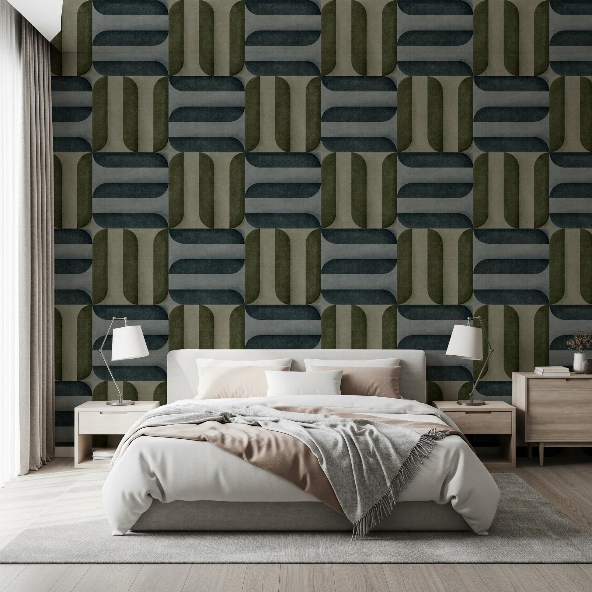 Modern Textured Signs Winter wallpaper in olive and slate geometric pattern behind a grey upholstered bed with twin lamps in a bedroom