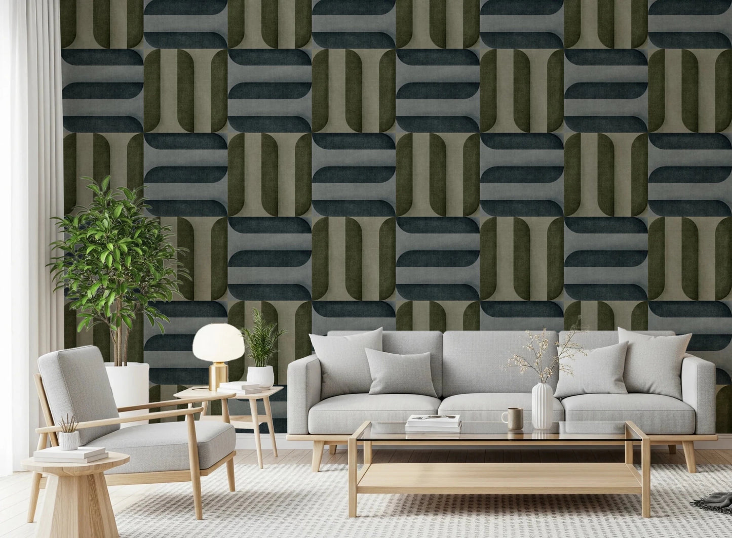 Modern Textured Signs Winter wallpaper in olive and blue-grey pattern behind a grey sofa and armchair in a bright living room