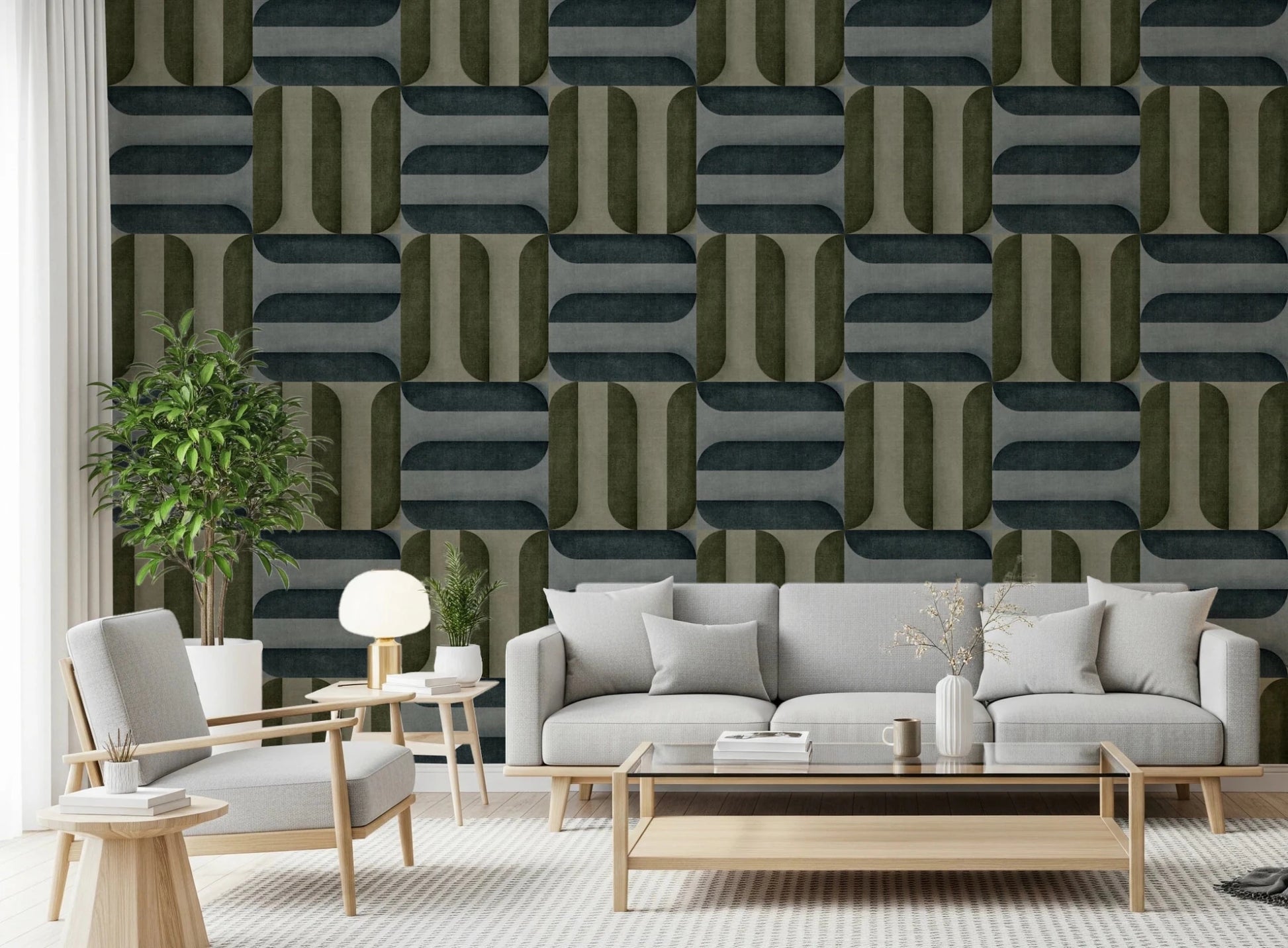 Modern Textured Signs Winter wallpaper in olive and blue-grey pattern behind a grey sofa and armchair in a bright living room