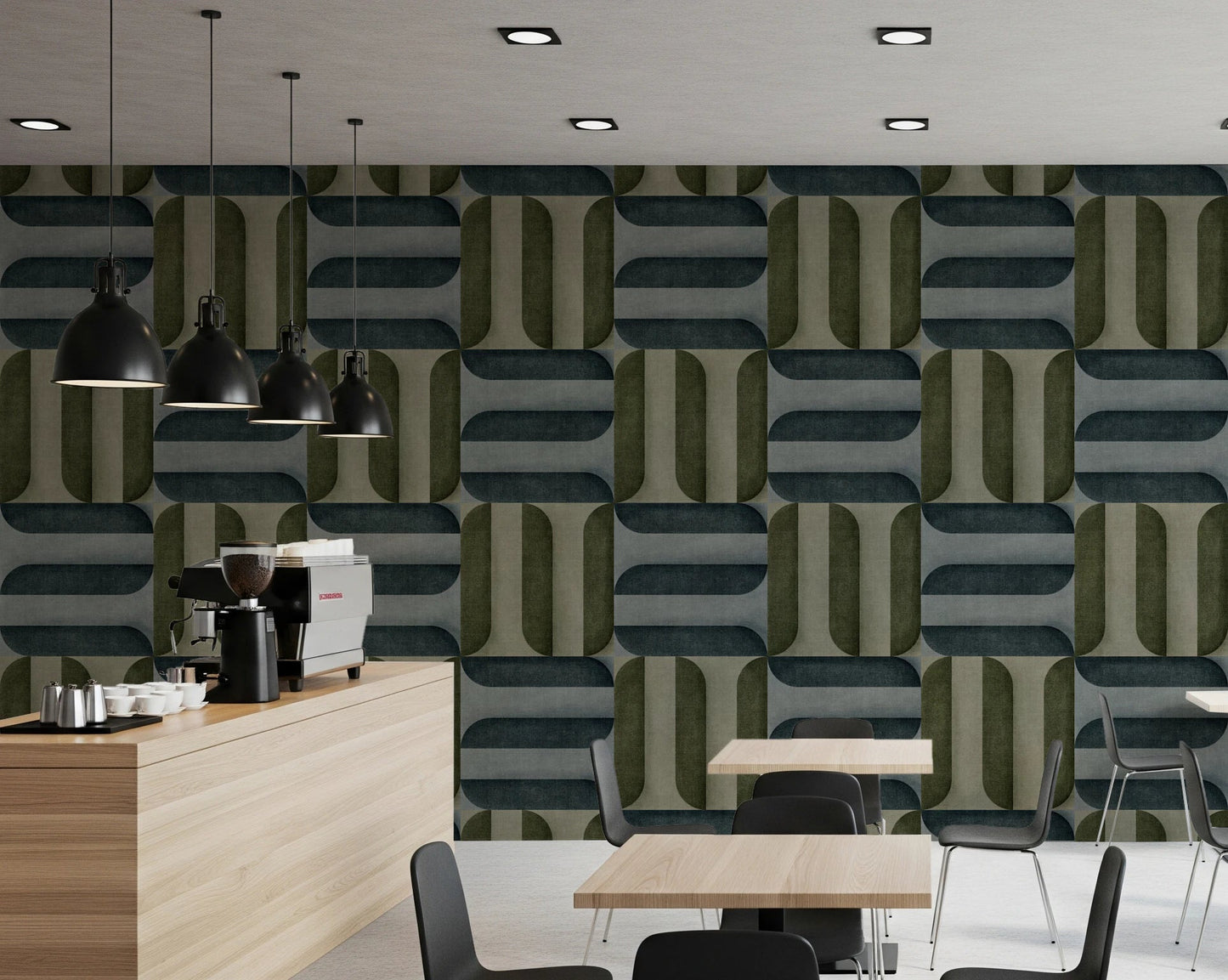 Modern Textured Signs Winter wallpaper in olive and grey pattern behind a wood coffee counter and bistro tables in a cafe