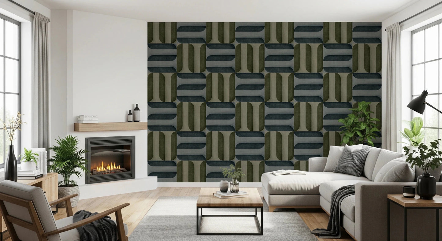 Modern Textured Signs Winter wallpaper in green and charcoal retro shapes behind a beige sectional sofa and fireplace in a living room