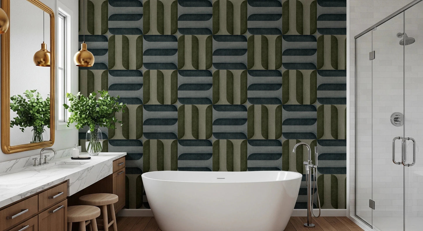 Modern Textured Signs Winter wallpaper in green and slate shapes behind a freestanding tub and wood vanity in a bathroom