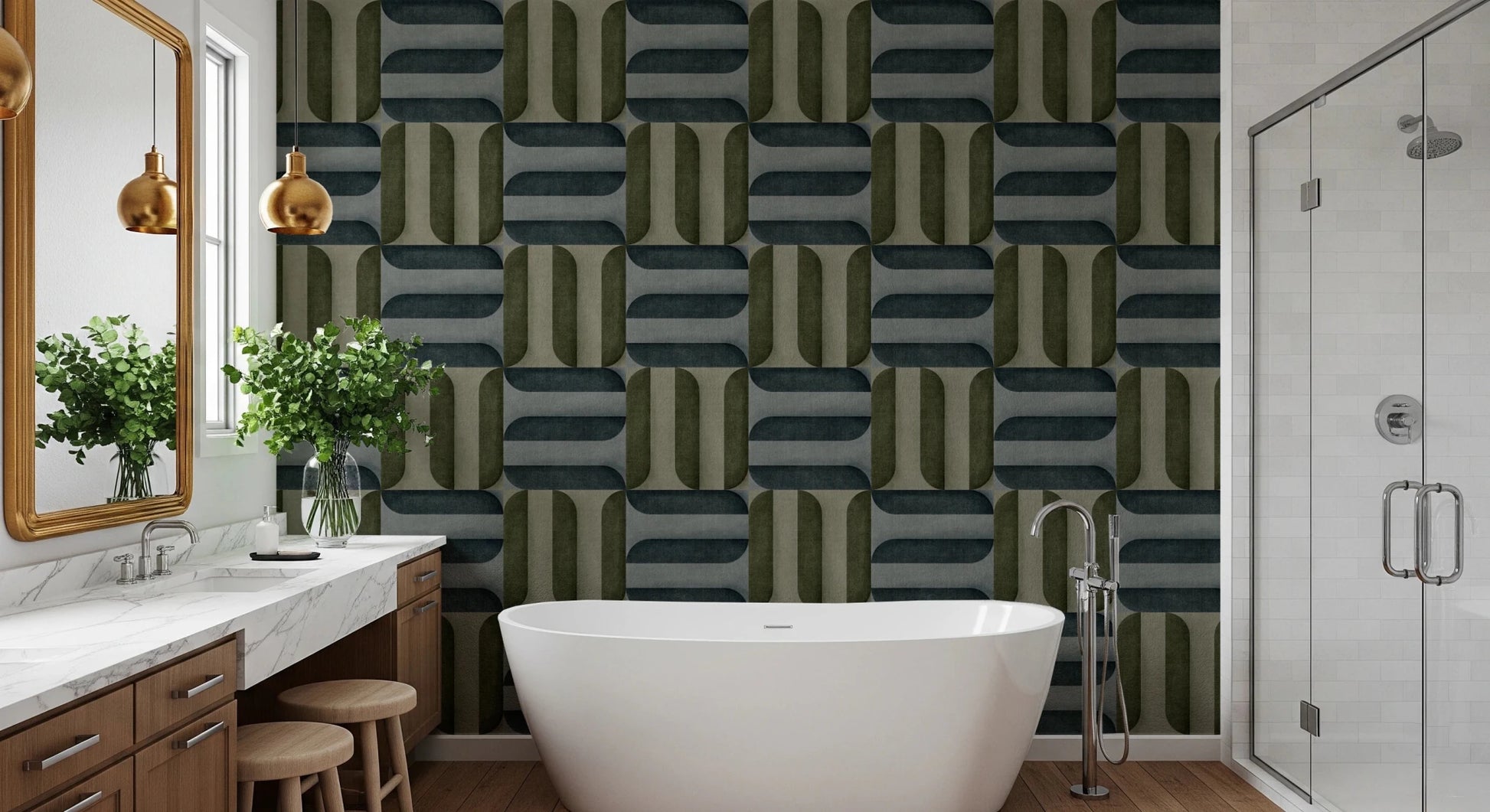 Modern Textured Signs Winter wallpaper in green and slate shapes behind a freestanding tub and wood vanity in a bathroom