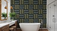 Modern Textured Signs Winter wallpaper in green and slate shapes behind a freestanding tub and wood vanity in a bathroom