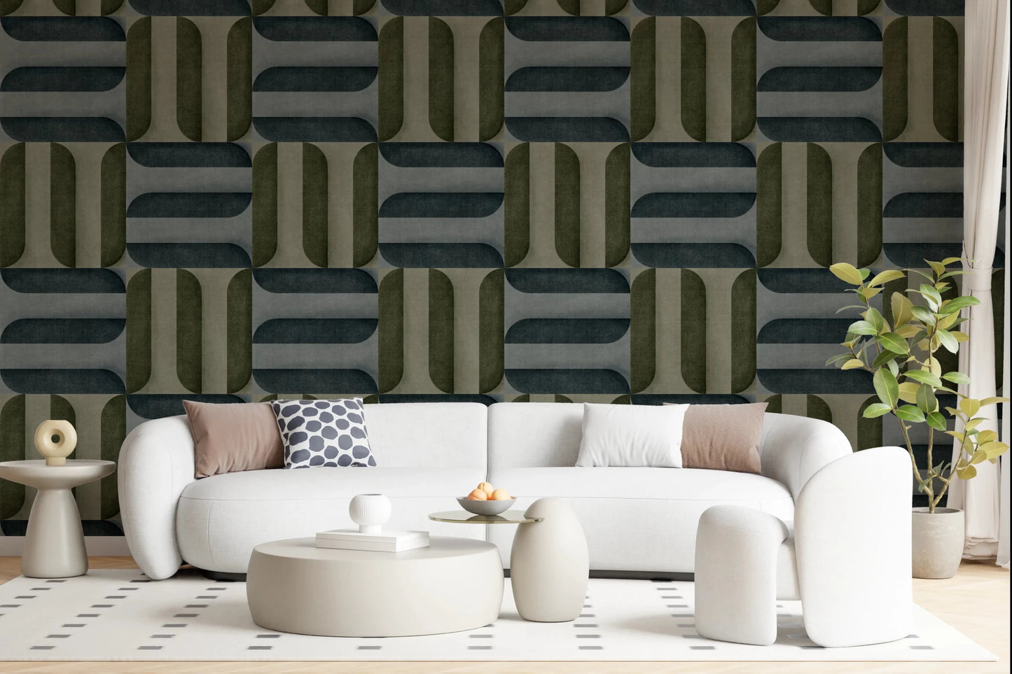 Modern Textured Signs Winter wallpaper in green and charcoal retro shapes behind a white curved boucle sofa in a living room
