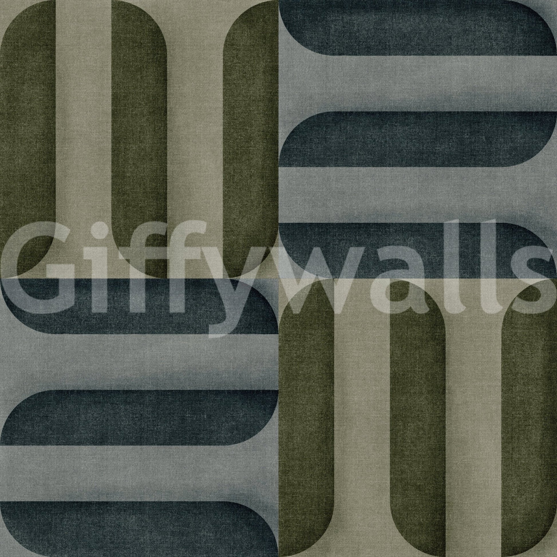 Modern Textured Signs Winter wallpaper close-up showing the olive, slate and charcoal interlocking shapes with woven fabric texture