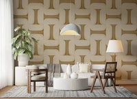Modern Textured Tiles Camel wallpaper in beige behind a cream sofa, monstera plant and grey dome pendant in a living room