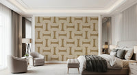 Modern Textured Tiles Camel wallpaper in camel and cream behind a beige bed and armchairs in a luxury bedroom