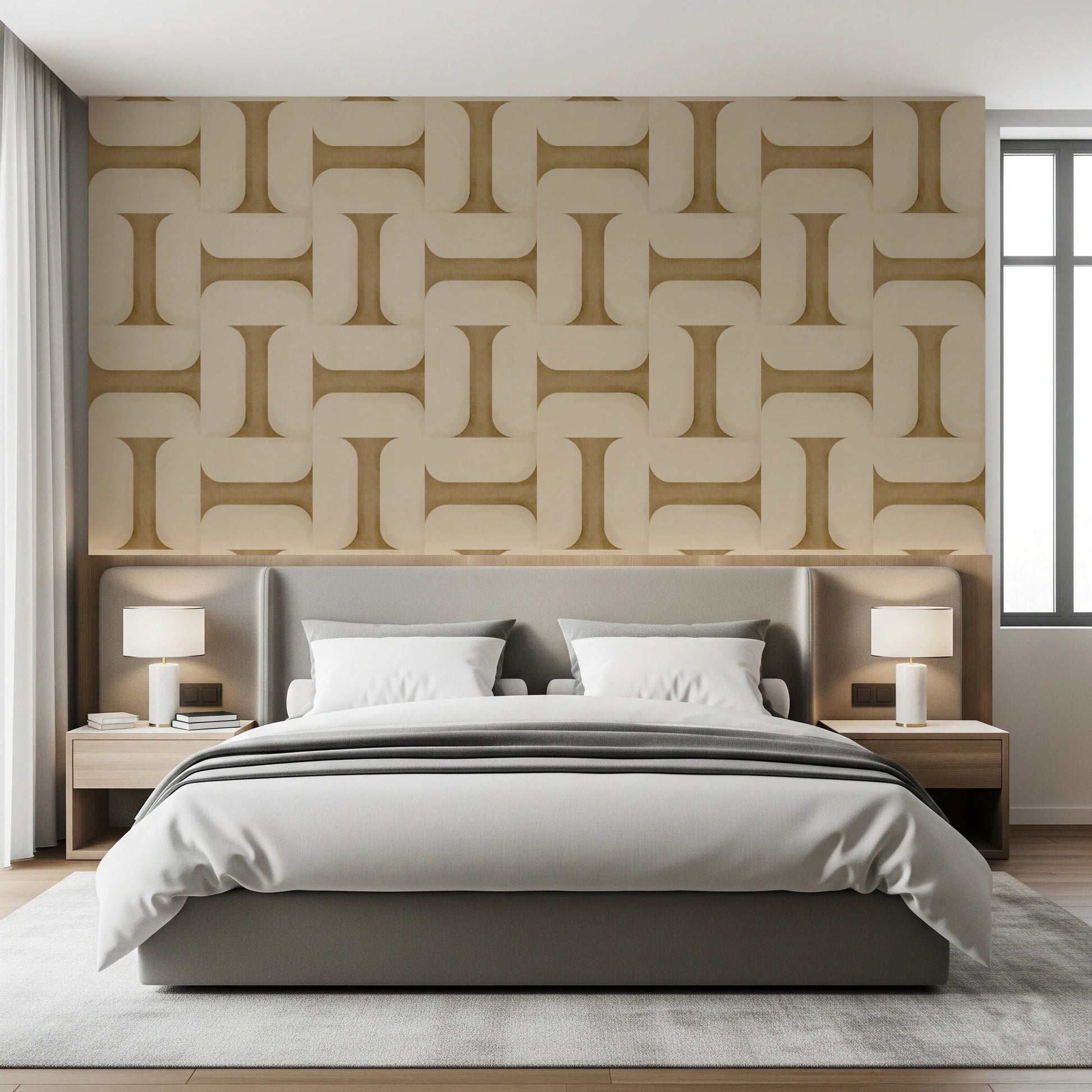 Modern Textured Tiles Camel wallpaper in camel and cream interlocking pattern above a grey bed and two table lamps in a bedroom