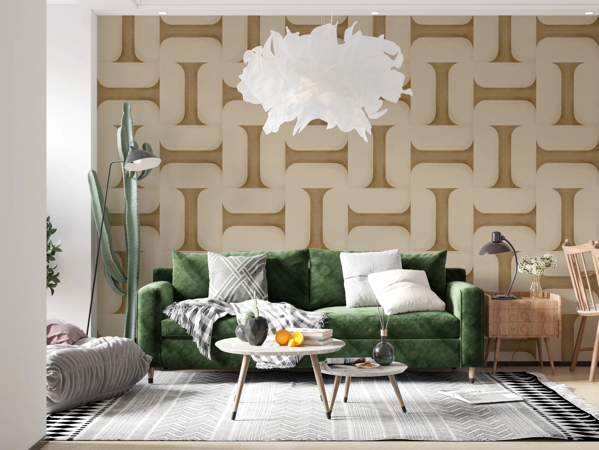 Modern Textured Tiles Camel wallpaper in beige behind an emerald green velvet sofa and white feather pendant light