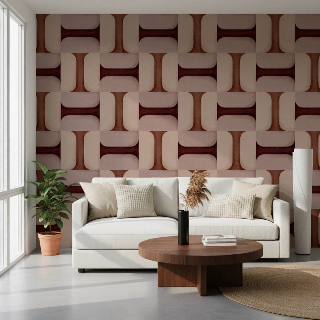 Modern Textured Tiles Clay wallpaper in terracotta and blush interlocking pattern behind a white sofa and round wood table in a living room