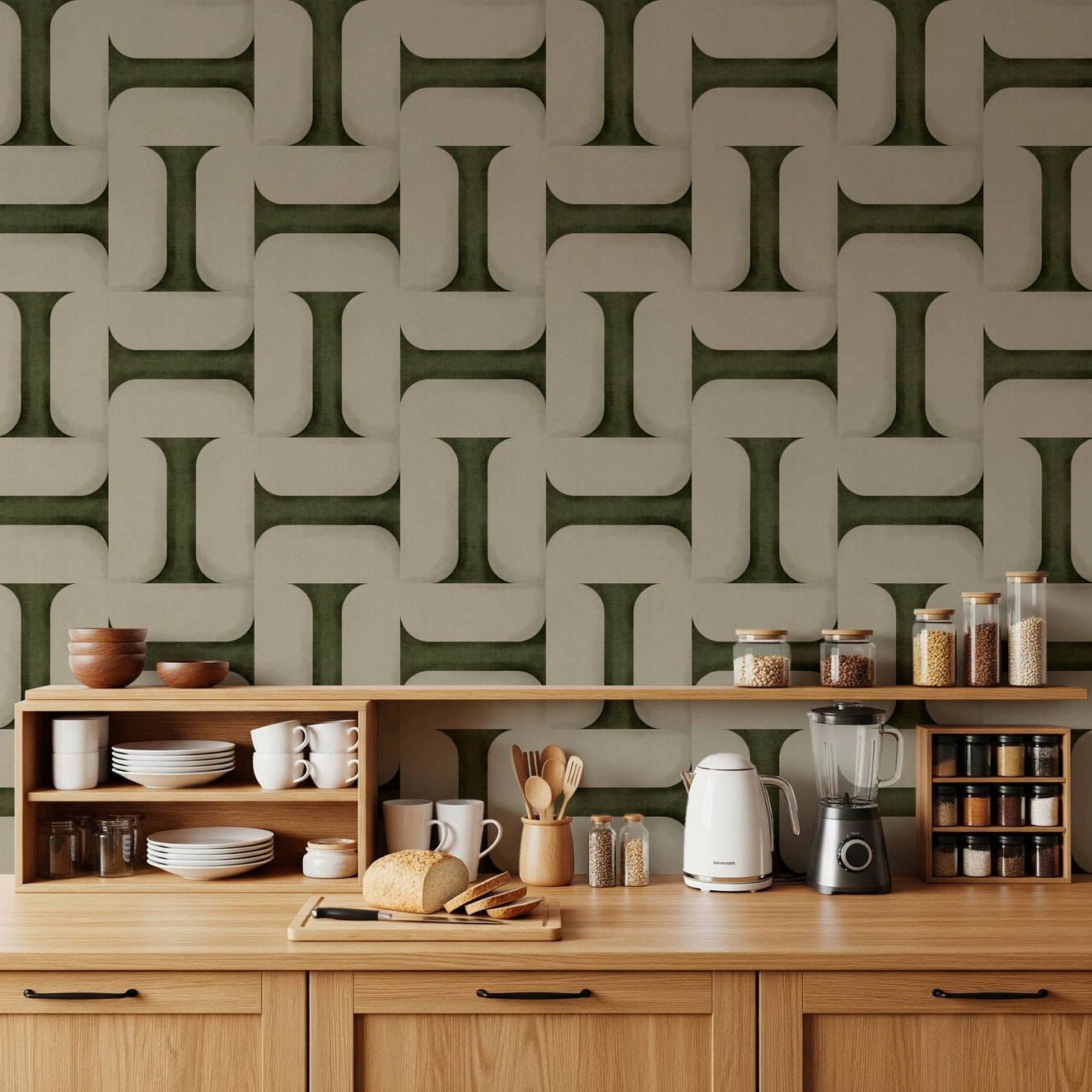 Modern Textured Tiles Olive Wallpaper⁠