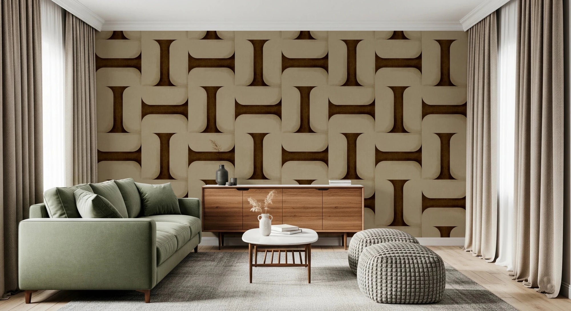 Modern Textured Tiles Umber wallpaper in brown and cream interlocking pattern behind a sage green sofa and walnut sideboard