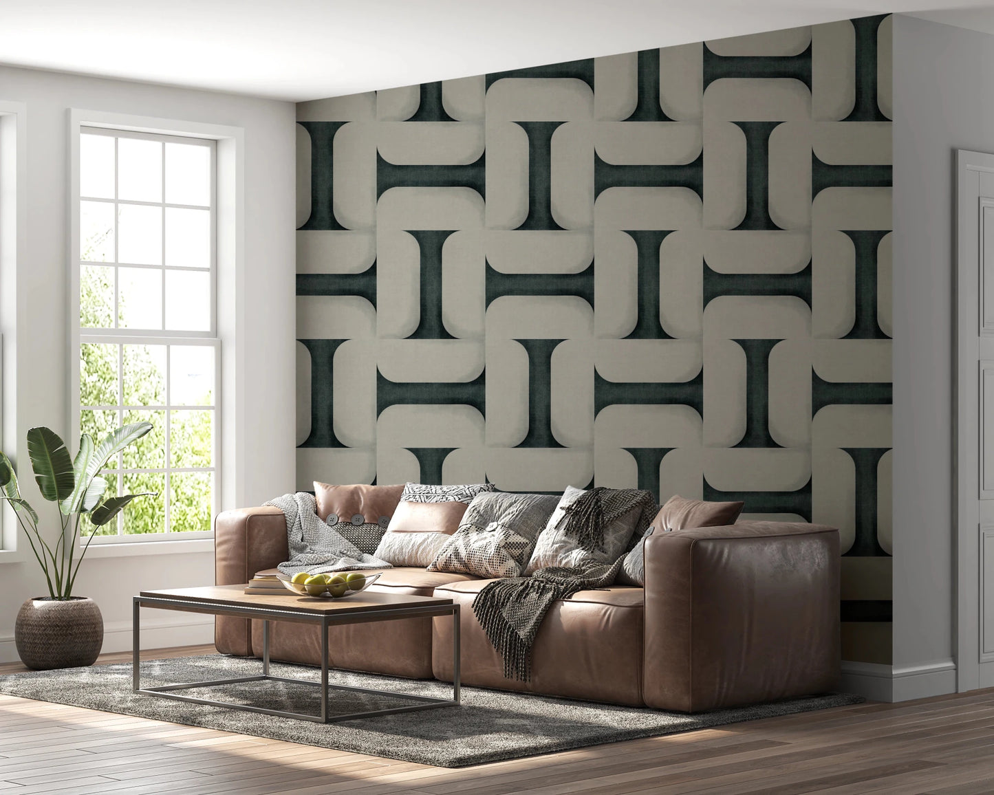 Modern Textured Tiles Vintage Denim wallpaper with teal geometric tiles behind a brown leather sofa in a living room