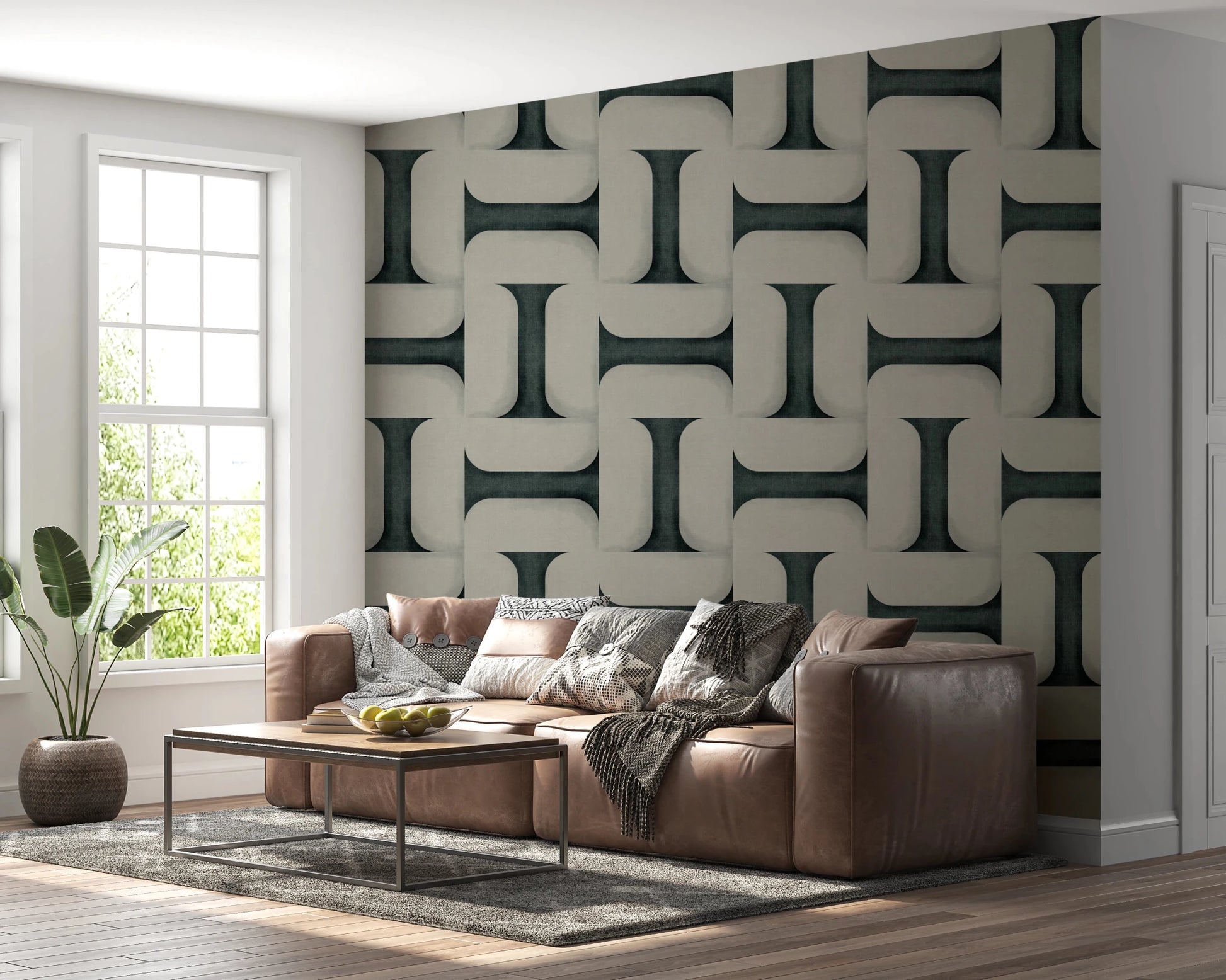 Modern Textured Tiles Vintage Denim wallpaper with teal geometric tiles behind a brown leather sofa in a living room