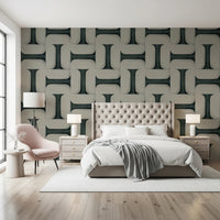 Modern Textured Tiles Vintage Denim wallpaper behind a tufted bed and pink armchair in a bedroom