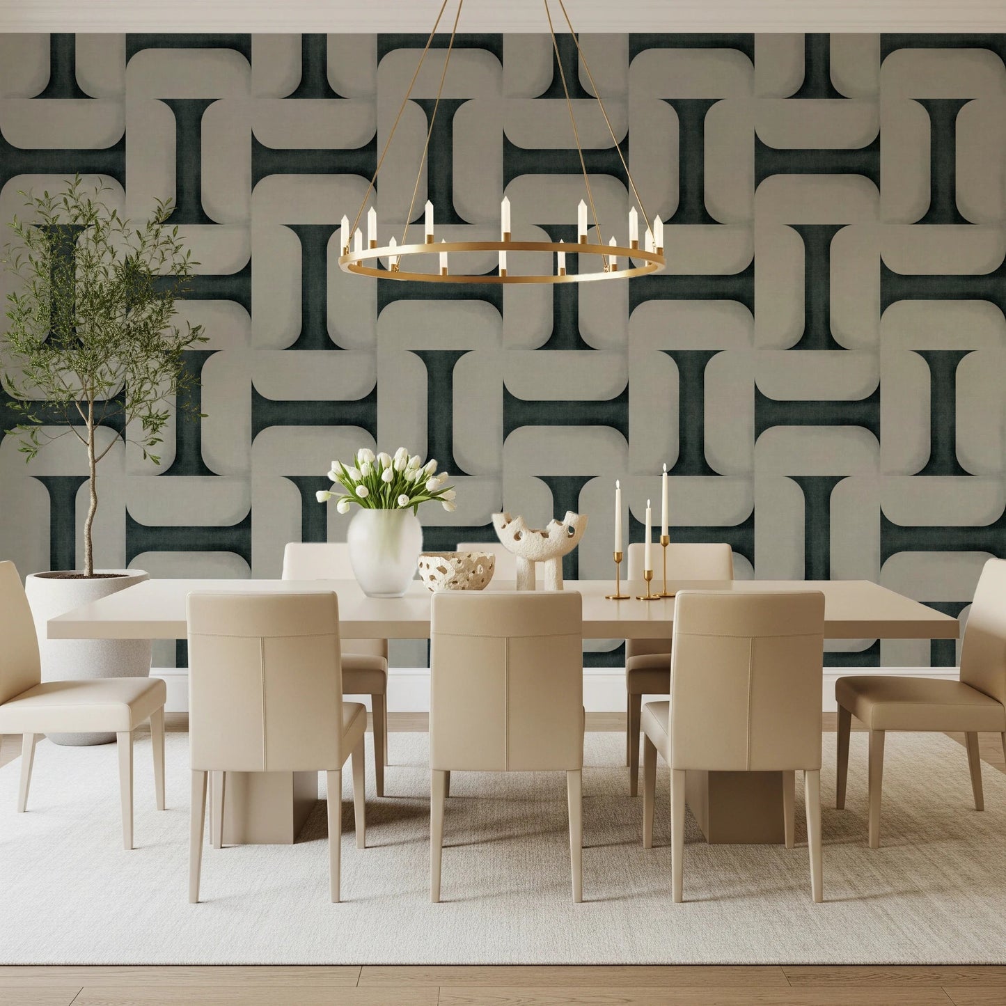 Modern Textured Tiles Vintage Denim wallpaper with a gold chandelier above beige chairs in a dining room