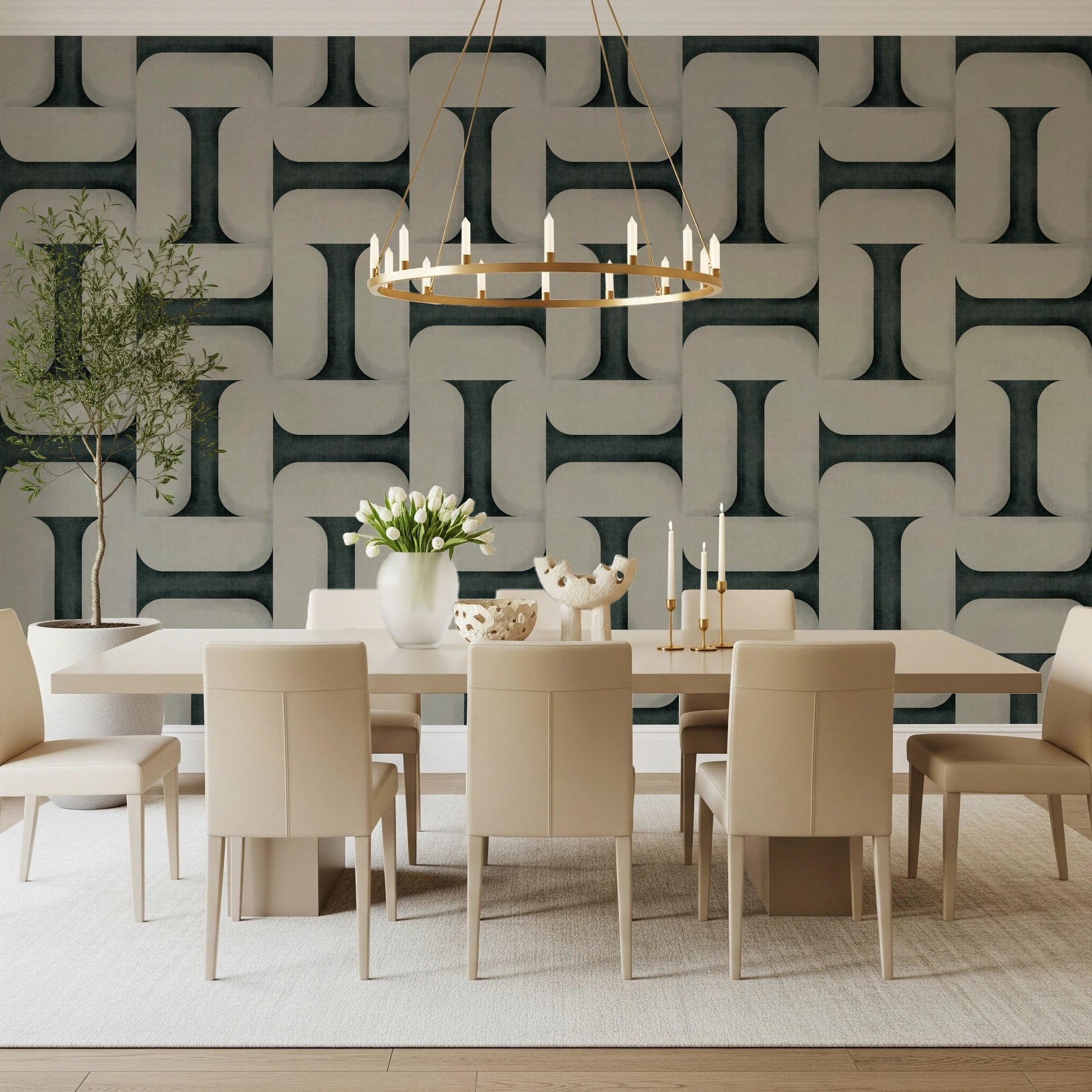 Modern Textured Tiles Vintage Denim wallpaper with a gold chandelier above beige chairs in a dining room