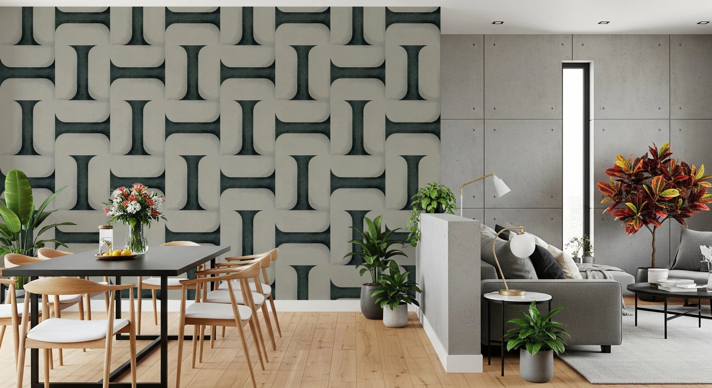 Modern Textured Tiles Vintage Denim wallpaper behind a black dining table beside a grey living room sofa