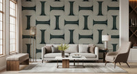 Modern Textured Tiles Vintage Denim wallpaper behind a cream sofa and armchair in a bright living room