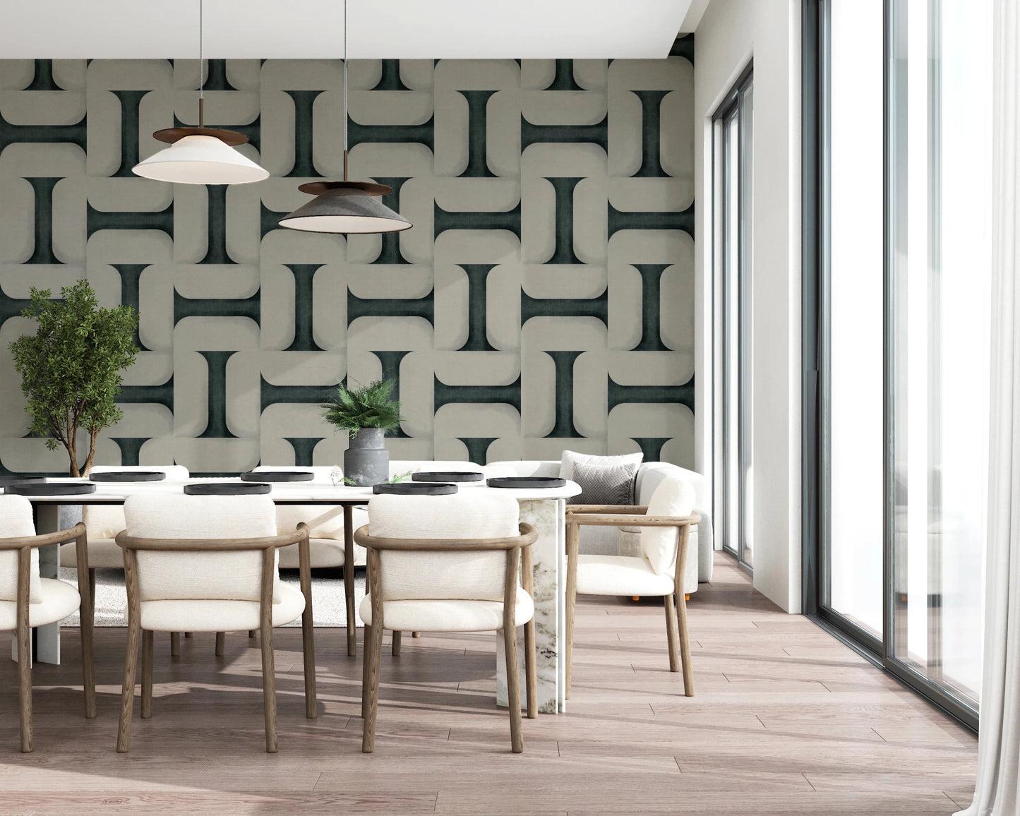 Modern Textured Tiles Vintage Denim wallpaper in teal and cream behind white chairs in a sunlit dining room