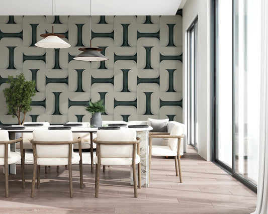 Modern Textured Tiles Vintage Denim wallpaper in teal and cream behind white chairs in a sunlit dining room