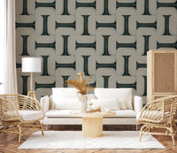 Modern Textured Tiles Vintage Denim wallpaper behind a white sofa and rattan chairs with dried pampas grass