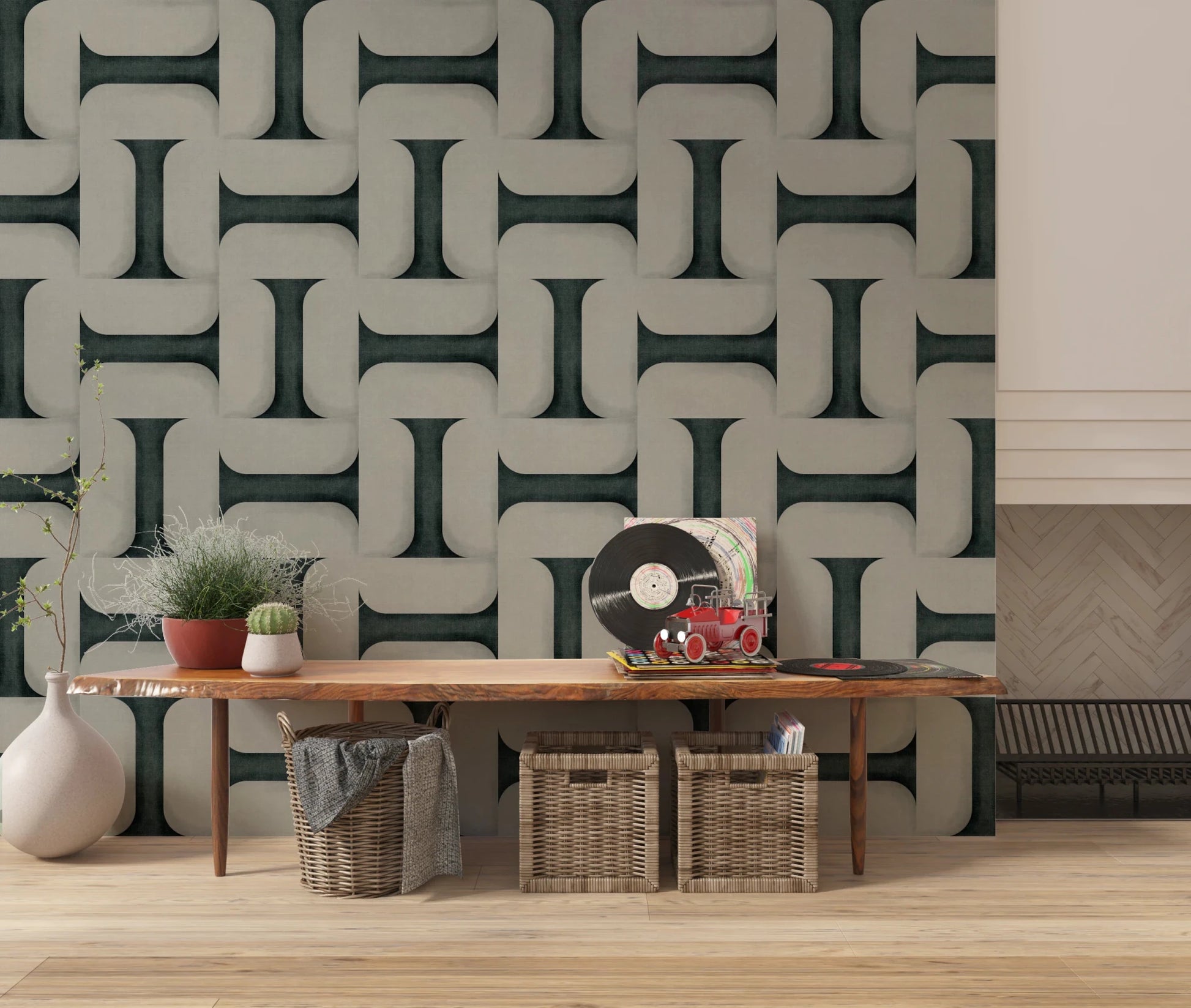 Modern Textured Tiles Vintage Denim wallpaper above a wood console with vinyl records in an entryway