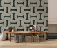 Modern Textured Tiles Vintage Denim wallpaper above a wood console with vinyl records in an entryway