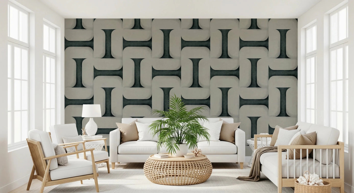 Modern Textured Tiles Vintage Denim wallpaper behind two white sofas and a palm plant in a living room