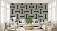 Modern Textured Tiles Vintage Denim wallpaper behind two white sofas and a palm plant in a living room