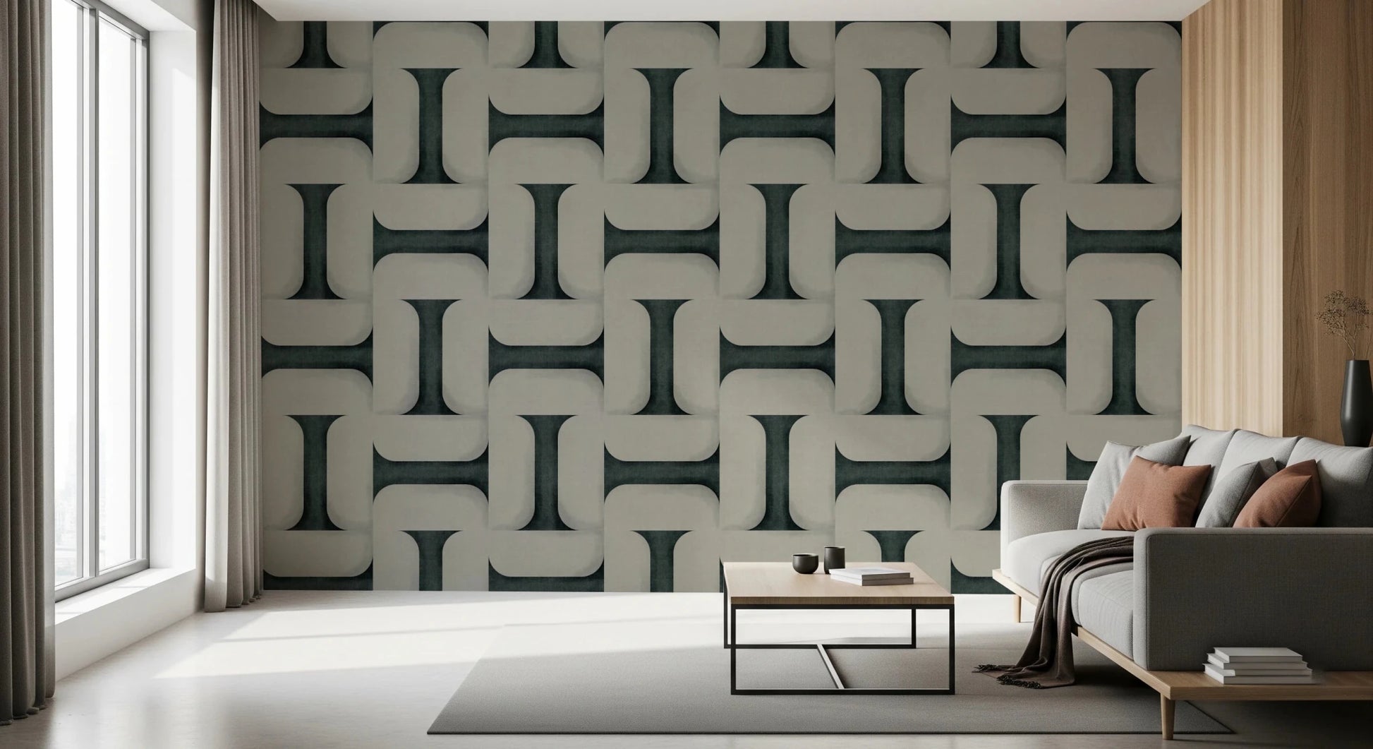 Modern Textured Tiles Vintage Denim wallpaper with interlocking tiles behind a grey sofa with terracotta cushions