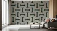 Modern Textured Tiles Vintage Denim wallpaper with interlocking tiles behind a grey sofa with terracotta cushions