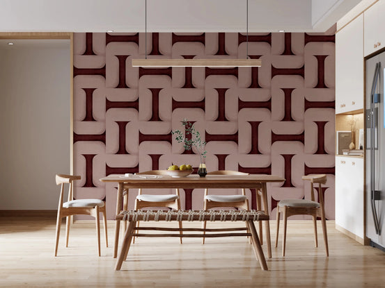 Modern Textured Tiles Wine wallpaper in burgundy and pink behind a wood dining table and bench