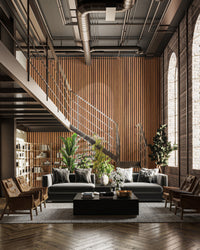 Close-up of realistic light oak wood grain texture on 3D slat wallpaper.