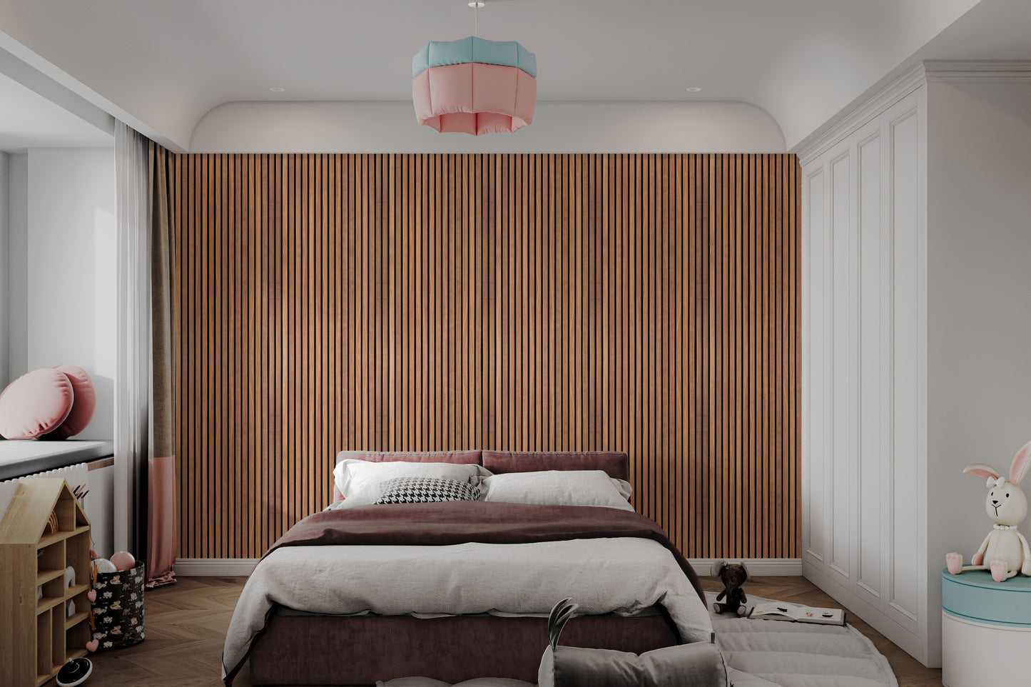 Minimalist bedroom decor with a warm oak wood panel wallpaper headboard.