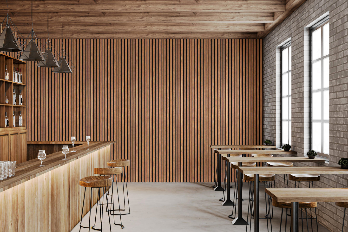 Seamless 3D vertical wood slat wallpaper for a high-end architectural look.