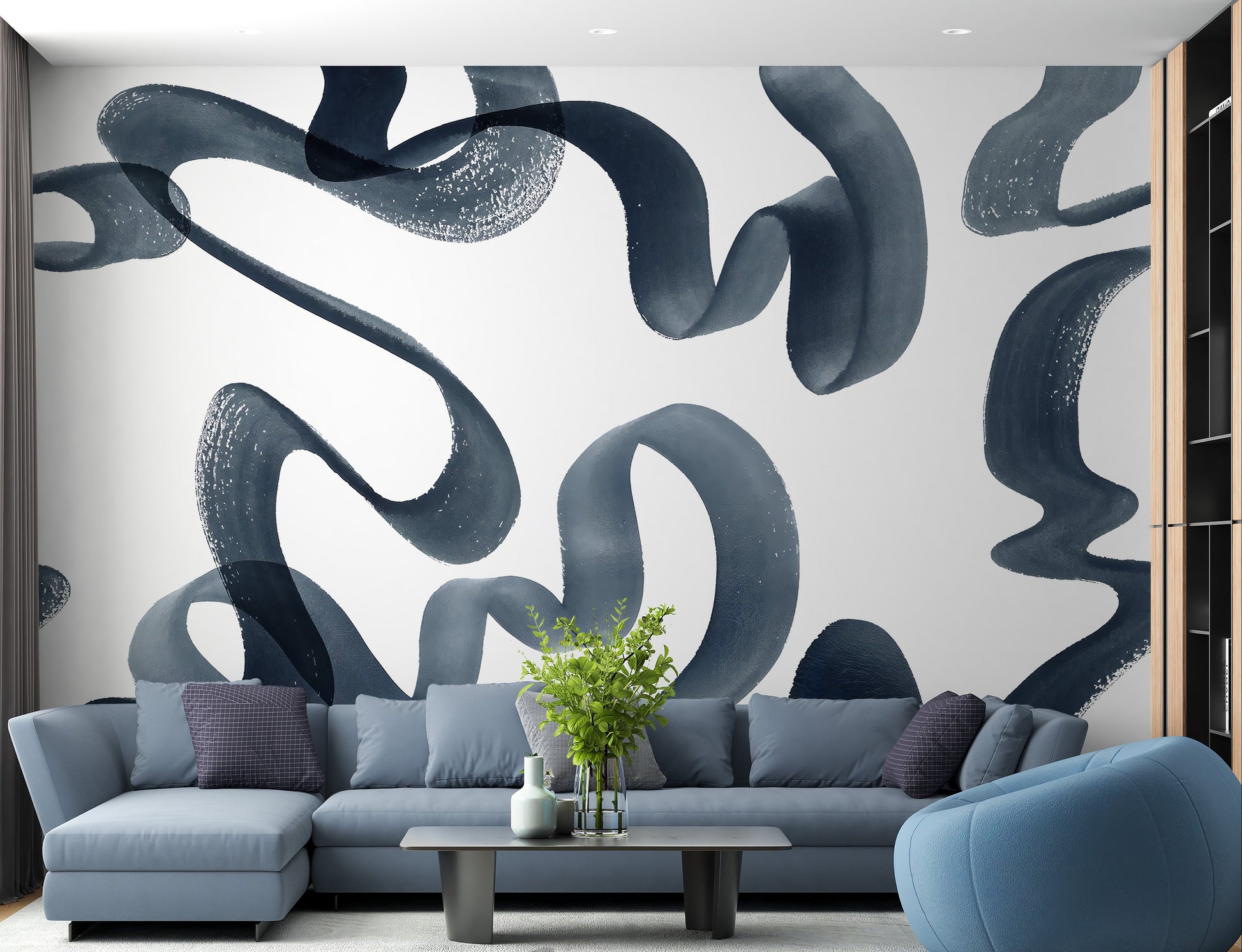 Elegant blue swirls watercolor wallpaper for modern interiors