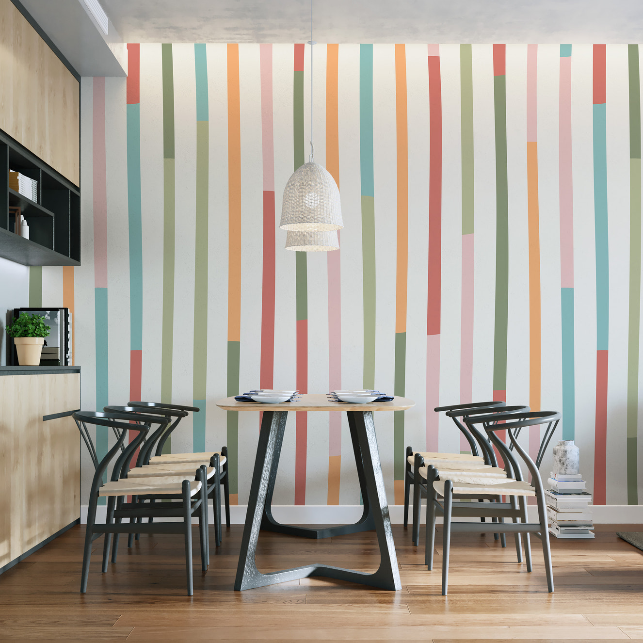 Colorful wavy stripe wallpaper with a playful design
